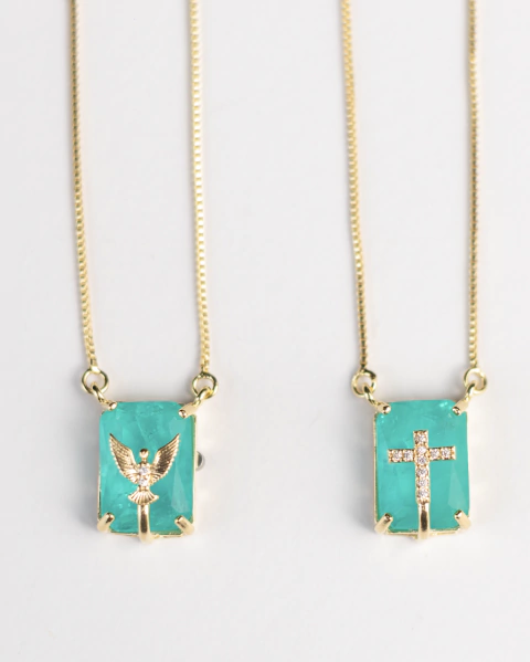 Colar Tipo Escapulário Espírito Santo e Cruz Pedra Verde - Folheado a Ouro - comprar online