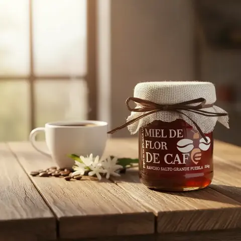 Frasco de miel líquida de flor de café junto a una taza de café sobre una mesa de madera con flores y granos de café