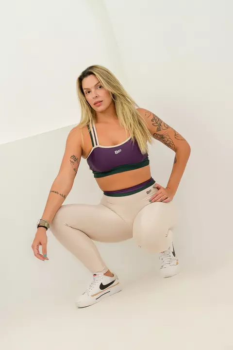Conjunto Legging - Bege com Verde Militar e Roxo Escuro