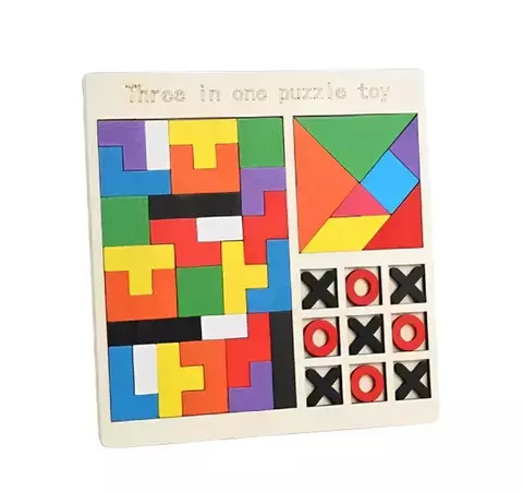Quebra-Cabeça Educativo de Madeira 3 em 1 – Tangram, Tetris e Jogo da Velha - comprar online