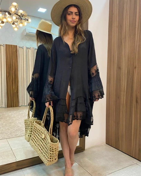 Chemise Saída de Praia Mary Preta 100% Poliéster | Detalhes em Renda Gripir 2095 - comprar online