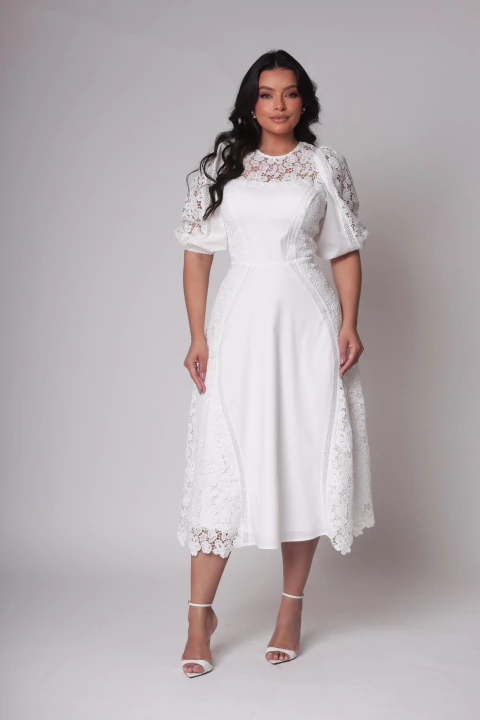 Cristina - Vestido Midi em Guipir com Tricoline - Ref 4088 - comprar online