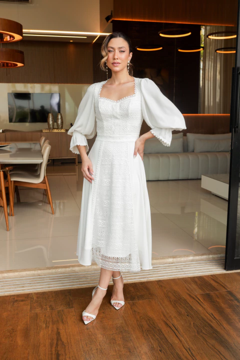 Nick - Vestido Midi em Crepe com detalhes em Guipir - Ref 4103 - comprar online