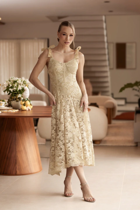Taíla - Vestido Mídi em Renda Floral com Alças de Amarração - Ref 4348