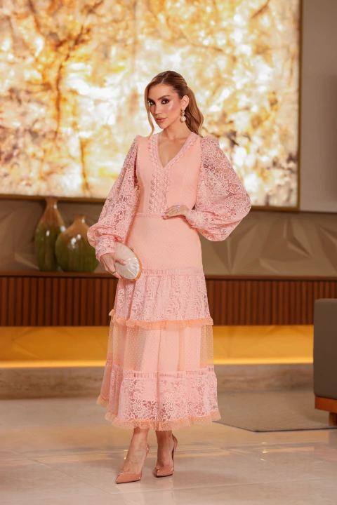 Selena - Vestido Midi em Renda e Tule com Guipir - Ref 4193