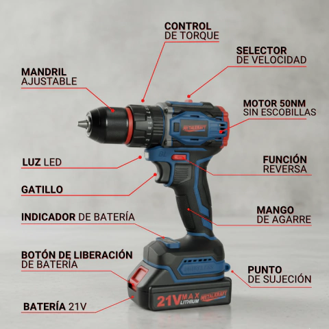 Taladro Inalámbrico Percutor Brushless Metalkraff 21v 50 Nm en internet