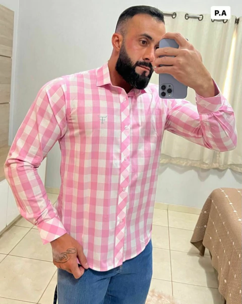 Camisas social xadrez manga longa slim fit