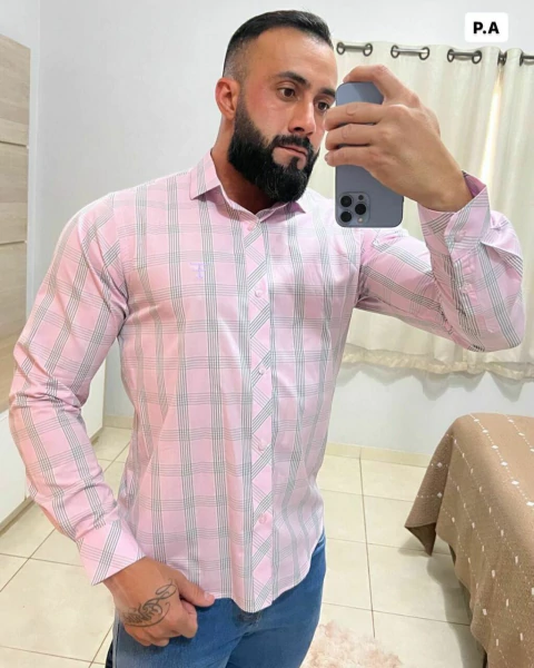 Camisas social xadrez manga longa slim fit