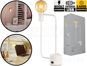 Luminária de mesa Aramis com entrada USB 40X21cm aço branco fosco. - comprar online