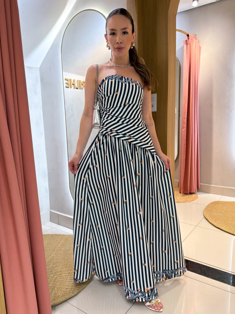Vestido midi sem alça lastex listras floral