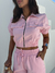 Conjunto viscocrepe jaqueta curta cargo manguinha zíper e calça pantalona elástico faixa lateral rosa claro - comprar online