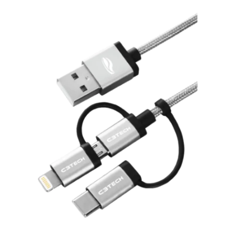 Cabo USB C3Tech 3 em 1 Micro V8, Tipo C e Lightining 1,5m 2.4A Nylon CB-3000Pk