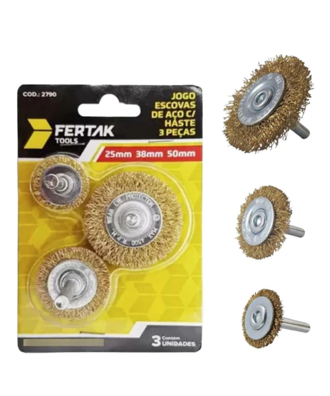 JOGO ESCOVA DE AÇO COM HASTE 3 PEÇAS