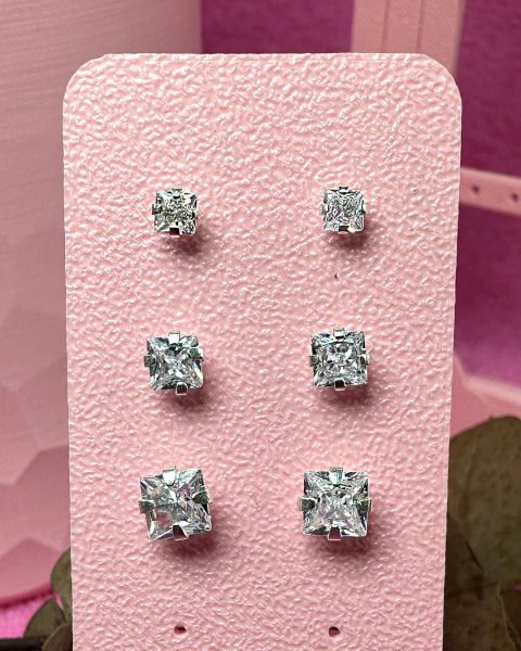 Trio Ponto de Luz Quadrado Cristal (3mm, 4mm e 5mm) – Prata 925