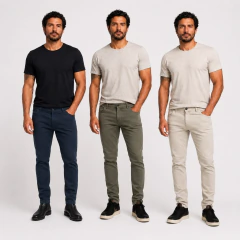 Kit 3 Calça de Sarja Slim com Elastano Azul / Verde / Areia
