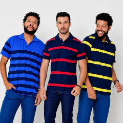 Kit 3 Camisa Polo Zek Masculina Listrada Slim Azul Royal / Azul Marinho / Azul Noite