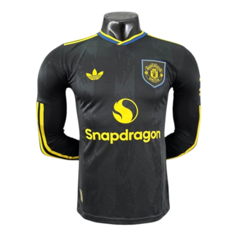 Camisa Manchester United III 25/26 manga longa - Jogador Adidas Masculina - Preta e azul com detalhes em amarelo