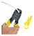 Alicate crimpador Bomvink RJ-45/RJ11/RJ12 com cabo sendo inserido, ao lado ferramenta amarela de decapagem de cabos