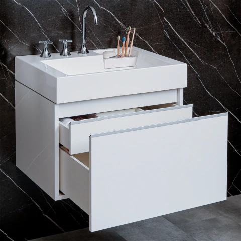 Vanitory 65 cm Blanco · Bacha Alta · Cajón Oculto 2 en 1