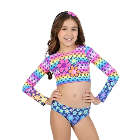 Biquini Cropped Manga Longa Kids Fernanda Estampa Jardim Colorido - Siri