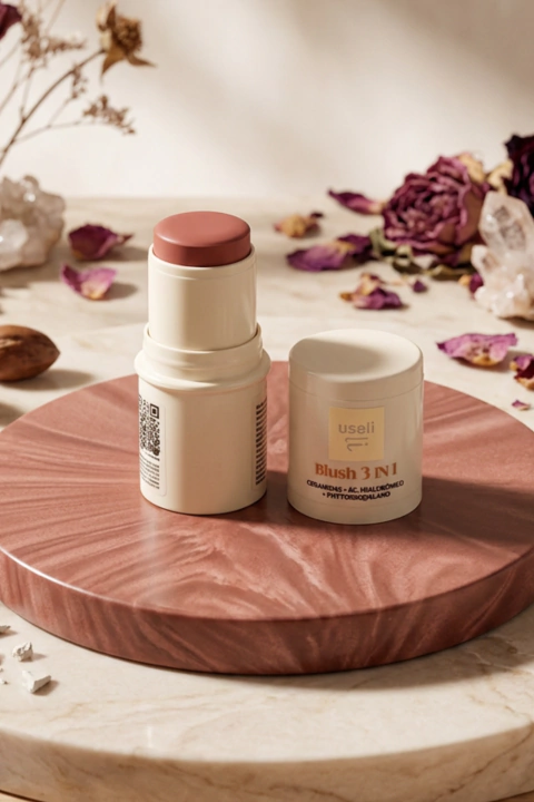 Blush 3 em 1 FPS 38 na cor bronze em embalagem em bastão com tampa, sobre base marmorizada rosa, decorado com flores secas e cristais ao fundo