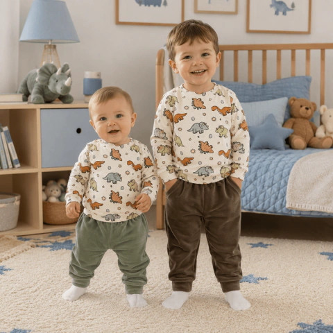 Conjunto de buzo con botones y pantalón de plush Dino