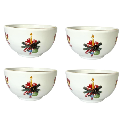 Conjunto 4 Bowls/Tigela Lisa Branco Com Rosa Vermelha Filete Ouro Home Decor