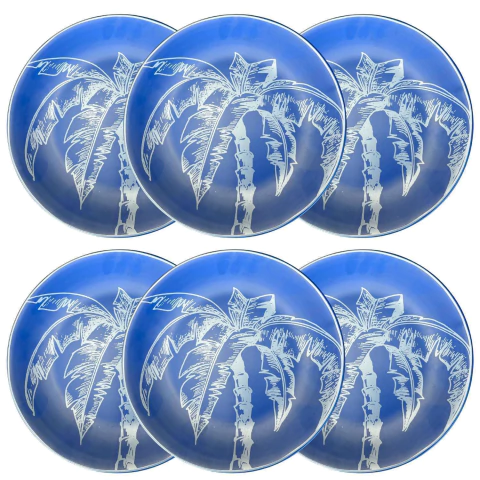 Conjunto 6 Pratos Rasos Azul Estampa Coqueiro Em Branco Scalla