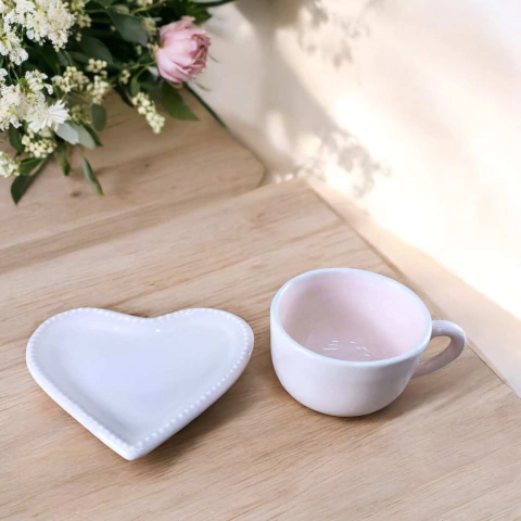 Xícara de Chá Com Pires Coração Rosa Home Decor