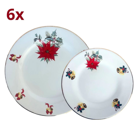 Kit 12 Pratos (6 Rasos/6 Sobremesa) Branco Com Rosas Vermelhas e Filete Ouro