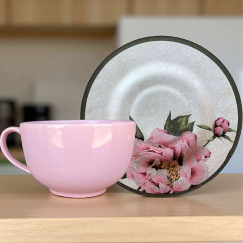 Conjunto 6 Xícaras Chá Rosa Suave Com Pires Peonia Alleanza