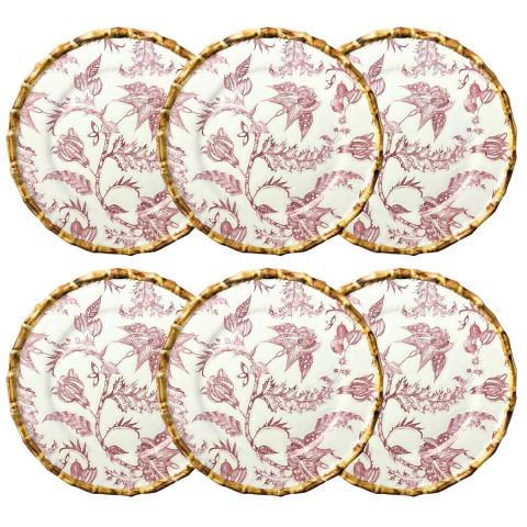 Conjunto 6 Pratos Sobremesa Bambu Com Flores Rosas Scalla