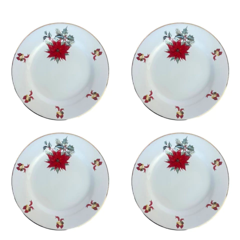 Conjunto 4 Pratos Rasos Branco Com Rosas Vermelhas e Filete de Ouro Home Decor