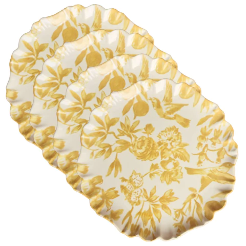Conjunto 4 Pratos Rasos Decorados Pássaro Amarelo 2ª Classificação Scalla