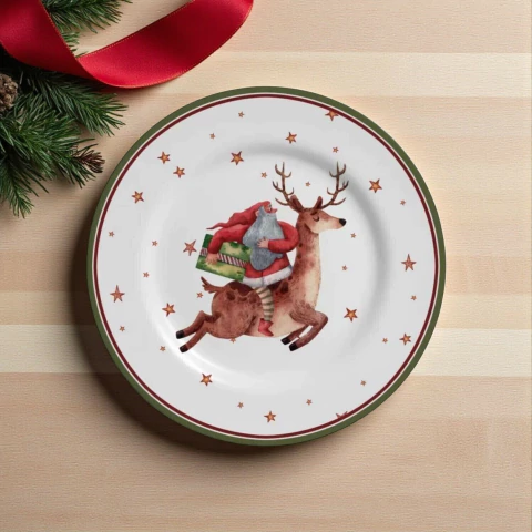 Conjunto 6 Pratos Sobremesa Father Christmas (Estampa Rena) Coleção Natal Alleanza