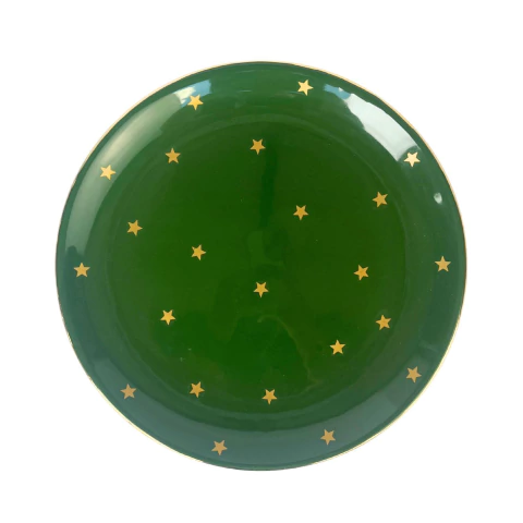 Prato Boleira 29cm Verde Com Estrelas Douradas e Filete Ouro Home Decor
