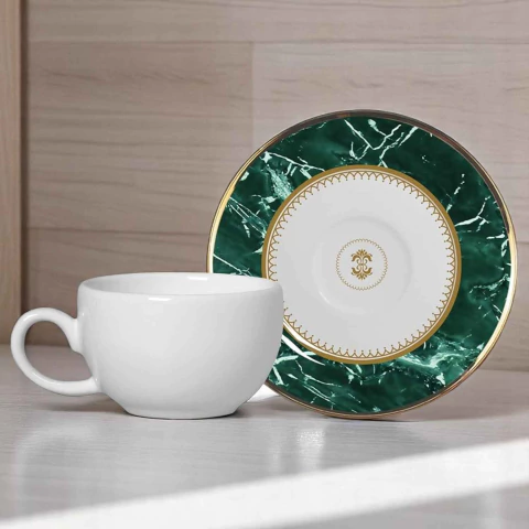 Conjunto 6 Xícaras Chá Com Pires Filete Dourado Marble Verde Alleanza