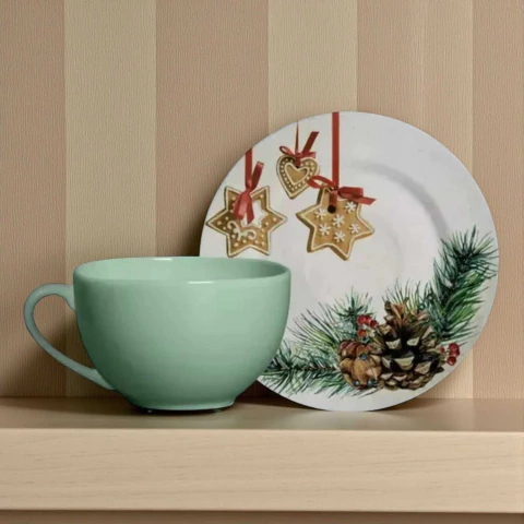 Conjunto 6 Xícara de Chá Verde Água Com Pires Gingerbread Natal Alleanza