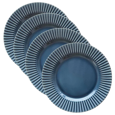 Conjunto 4 Pratos Rasos Frisado Azul Escuro Scalla