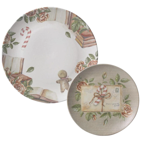 Kit 12 Pratos Coup Stoneware Postais de Natal Porto Brasil (6 Rasos/6 Sobremesa)