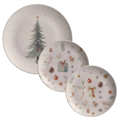 Kit 12 Pratos Coup Stoneware Noite de Natal Porto Brasil (6 Rasos/3 Sobremesa Sino/3 Sobremesa Presente)