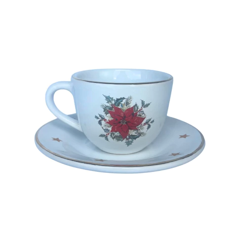 Conjunto 6 Xícaras de Chá Com Pires Rosas Vermelhas e Filete de Ouro Home Decor