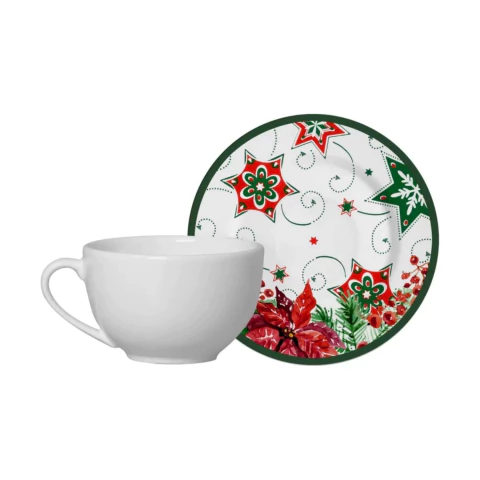Conjunto 6 Xícaras Chá Branca Com Pires Natal Alleanza