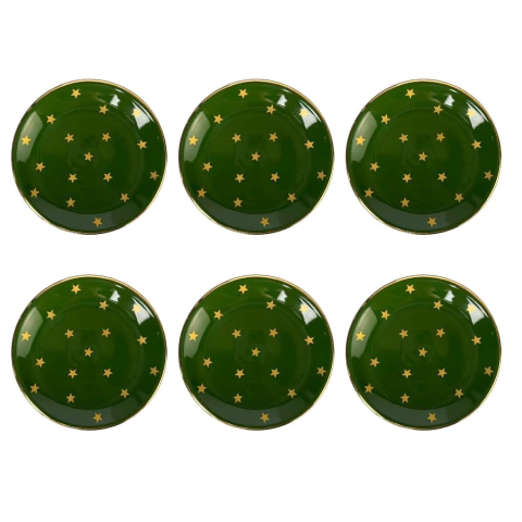 Conjunto 6 Pratos Verdes Com Estrelas Douradas e Filete Ouro Home Decor