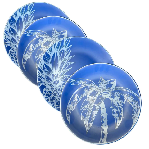 Conjunto 4 Pratos Rasos Azul Estampado (2 Coqueiro / 2 Abacaxi) Em Branco Scalla