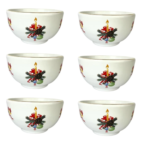 Conjunto 6 Bowls/Tigela Lisa Branco Com Rosa Vermelha Filete Ouro