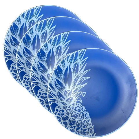 Conjunto 4 Pratos Rasos Azul Estampado Abacaxi Em Branco Scalla