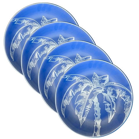 Conjunto 4 Pratos Rasos Azul Estampa Coqueiro Em Branco Scalla