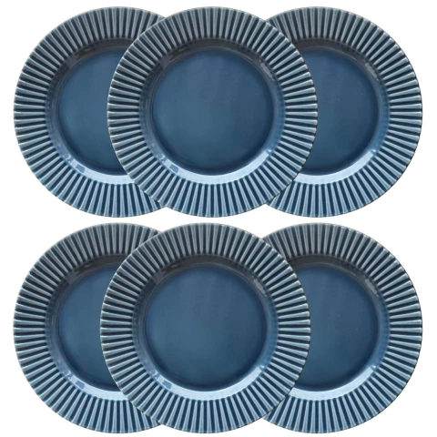 Conjunto 6 Pratos Rasos Frisado Azul Escuro Scalla
