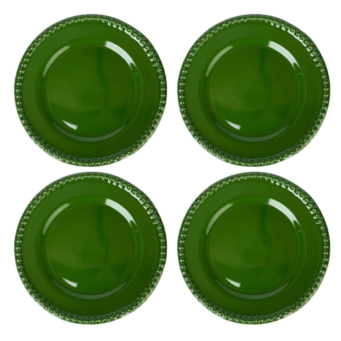 Conjunto 4 Pratos Rasos Bolinha Floresta Verde Escuro Home Decor